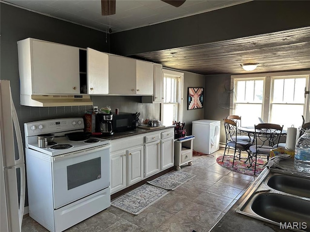 507 N Knob St, Ironton, MO 63650 - kitchen with white appliances, under cabinet range hood, a sink, white cabinets, and a ceiling fan