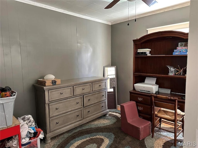 507 N Knob St, Ironton, MO 63650 - office space with crown molding, a ceiling fan, and dark colored carpet
