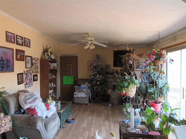 living room featuring a ceiling fan, wood finished floors, a textured ceiling, and ornamental molding