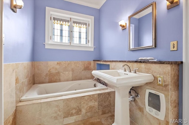 6230 Waterman Ave, Saint Louis, MO 63130 - full bath with a bath, tile walls, ornamental molding, heating unit, and wainscoting