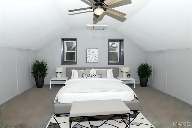bedroom with vaulted ceiling, ceiling fan, and light carpet