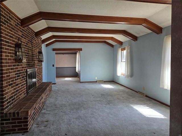 400 Smith Rd, Lebanon, MO 65536 - unfurnished living room with carpet floors, a brick fireplace, baseboards, and a textured ceiling