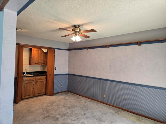 400 Smith Rd, Lebanon, MO 65536 - empty room featuring a sink, ceiling fan, a wainscoted wall, light carpet, and a textured ceiling