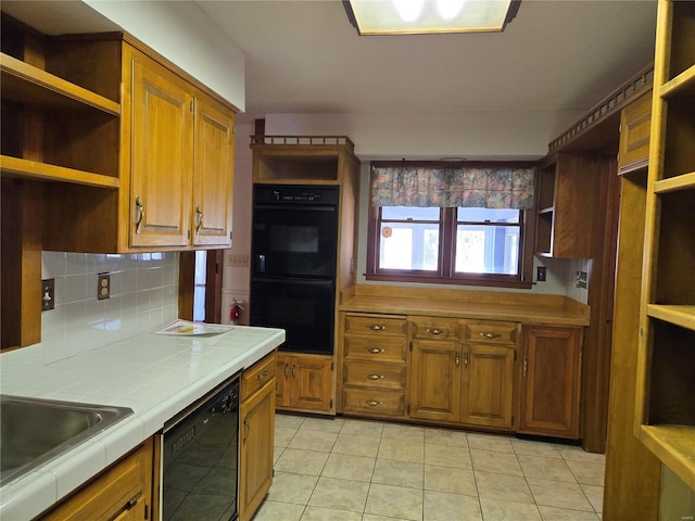 400 Smith Rd, Lebanon, MO 65536 - kitchen with open shelves, tile countertops, black appliances, backsplash, and light tile patterned flooring