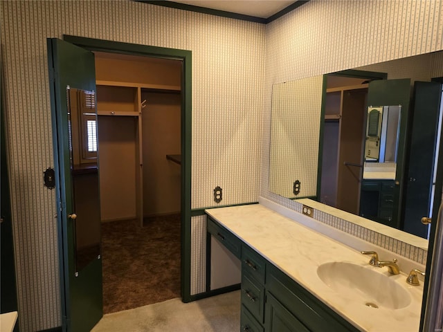 400 Smith Rd, Lebanon, MO 65536 - bathroom featuring wallpapered walls, vanity, and ornamental molding