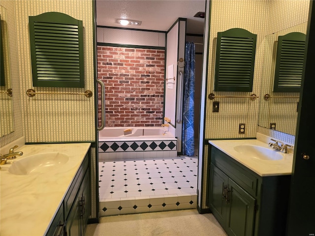 400 Smith Rd, Lebanon, MO 65536 - bathroom featuring two vanities, tiled tub, and wallpapered walls