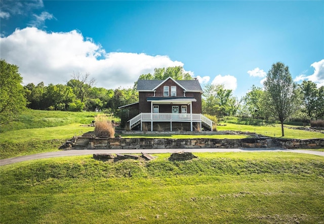 19530 County Road 3620, St James, MO 65559 - view of front of home featuring stairway, a porch, a front yard, and a chimney
