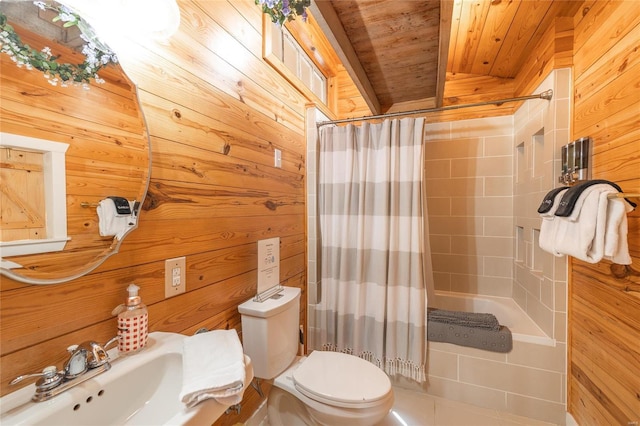 19530 County Road 3620, St James, MO 65559 - full bathroom with wooden ceiling, a sink, wooden walls, toilet, and shower / bath combo with shower curtain