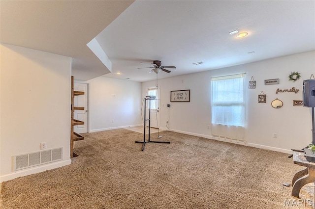 workout area featuring a ceiling fan, baseboards, carpet floors, and recessed lighting