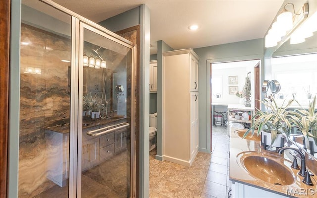 5819 Highway Vv Hwy, Vv, MO 65542 - bathroom featuring a stall shower, tile patterned floors, vanity, toilet, and recessed lighting