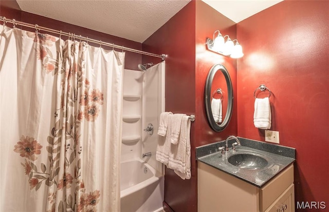 5819 Highway Vv Hwy, Vv, MO 65542 - bathroom with vanity, shower / bath combination with curtain, and a textured ceiling