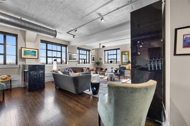 living room featuring dark wood-style floors, track lighting, and a fireplace