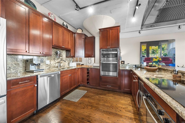 kitchen with appliances with stainless steel finishes, rail lighting, exhaust hood, dark wood-style floors, and a sink