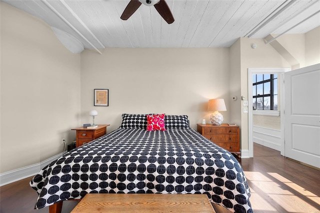 bedroom featuring wood finished floors, baseboards, a ceiling fan, wood ceiling, and lofted ceiling