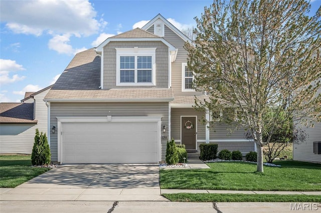 1705 Belleau Wood Dr, Saint Peters, MO 63376 - view of front of home featuring concrete driveway, a front lawn, an attached garage, and roof with shingles