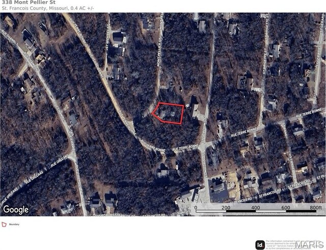 338 Mont Pellier St, Bonne Terre, MO 63628 - aerial view of property's location featuring property parcel outlined