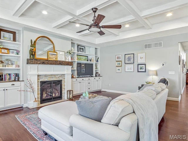 103 Evergreen Ct, Waterloo, IL 62298 - living area featuring coffered ceiling, a ceiling fan, dark wood-style flooring, baseboards, and a fireplace