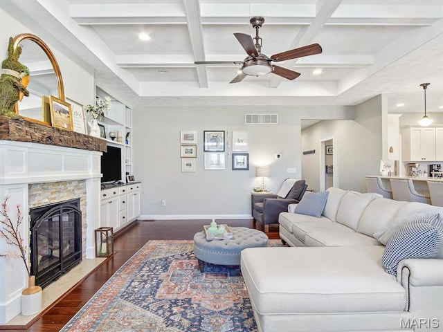 103 Evergreen Ct, Waterloo, IL 62298 - living area featuring ceiling fan, dark wood-type flooring, coffered ceiling, a fireplace, and baseboards