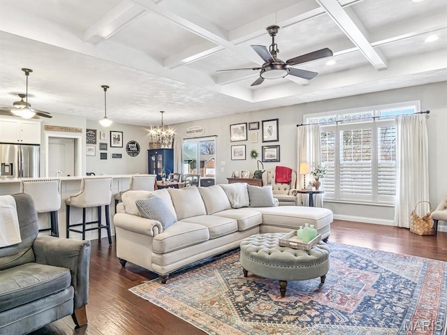 103 Evergreen Ct, Waterloo, IL 62298 - living room featuring a ceiling fan, coffered ceiling, dark wood finished floors, a chandelier, and beam ceiling