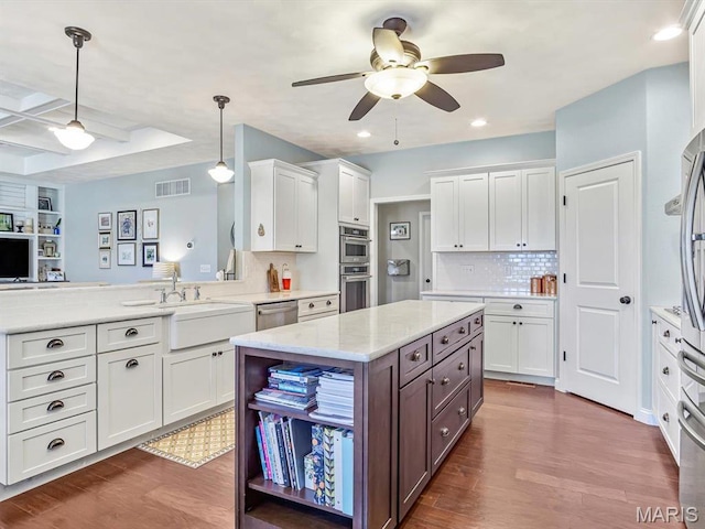 103 Evergreen Ct, Waterloo, IL 62298 - kitchen with a ceiling fan, white cabinetry, dark wood-type flooring, open shelves, and decorative light fixtures