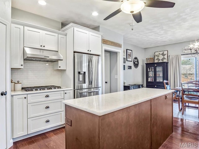 103 Evergreen Ct, Waterloo, IL 62298 - kitchen with stainless steel appliances, under cabinet range hood, ceiling fan, dark wood-style floors, and white cabinets
