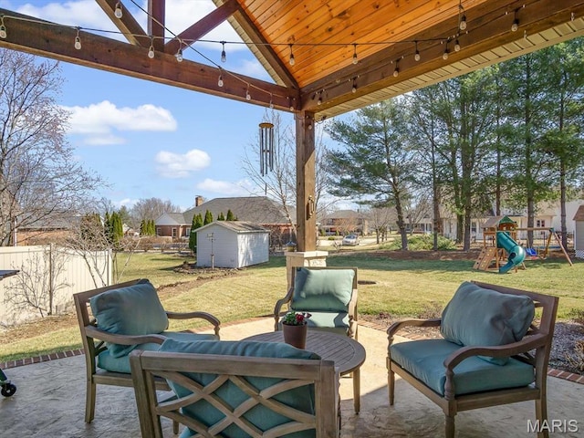 103 Evergreen Ct, Waterloo, IL 62298 - view of patio / terrace featuring a storage shed, a playground, an outbuilding, and a gazebo