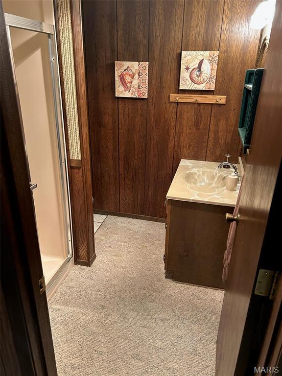 266 Hunt Club Cir, Galena, MO 65656 - bathroom with vanity, wood walls, and a shower stall