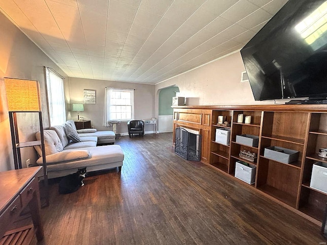 living room with arched walkways, dark wood-style flooring, and lofted ceiling