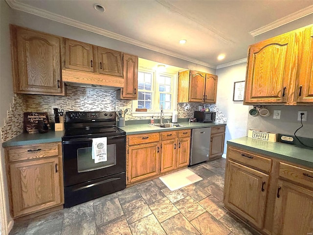 kitchen with black appliances, a sink, backsplash, wall chimney exhaust hood, and ornamental molding
