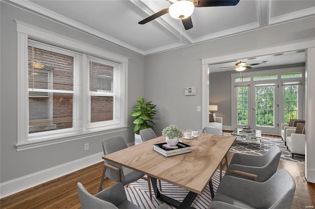 dining room featuring ceiling fan, dark wood-style flooring, baseboards, coffered ceiling, and beamed ceiling