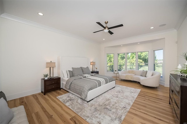bedroom featuring crown molding, light wood-style floors, baseboards, recessed lighting, and ceiling fan