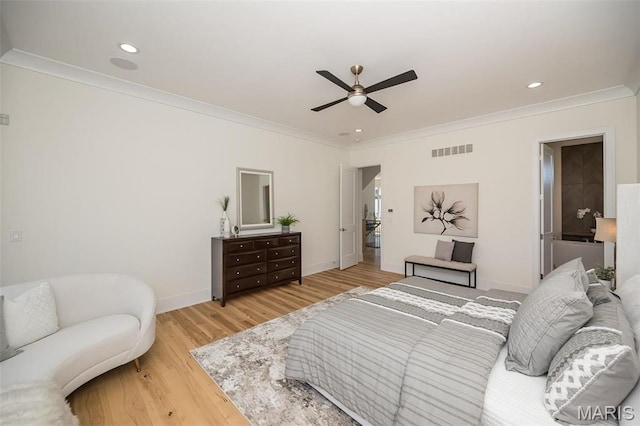 1205 Patchwork Flds, Chesterfield, MO 63005 - bedroom with crown molding, light wood finished floors, baseboards, recessed lighting, and a ceiling fan