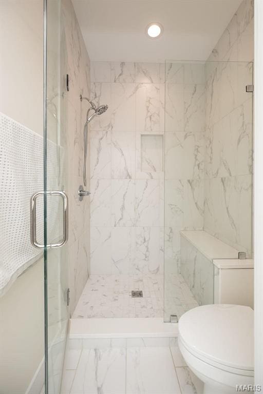 1205 Patchwork Flds, Chesterfield, MO 63005 - bathroom featuring a marble finish shower, recessed lighting, marble look tiles, and toilet
