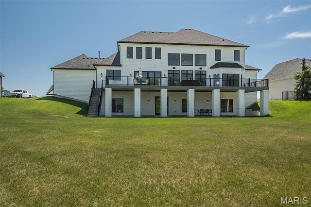 1205 Patchwork Flds, Chesterfield, MO 63005 - back of property with stairs, a yard, a deck, and roof with shingles