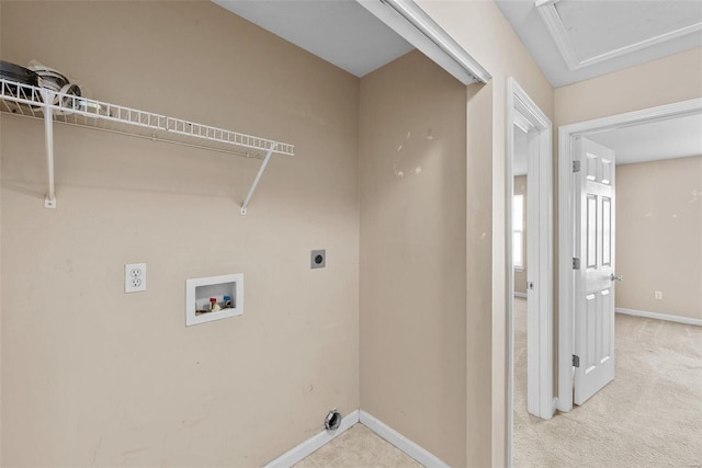 washroom with hookup for a washing machine, hookup for an electric dryer, baseboards, and light colored carpet