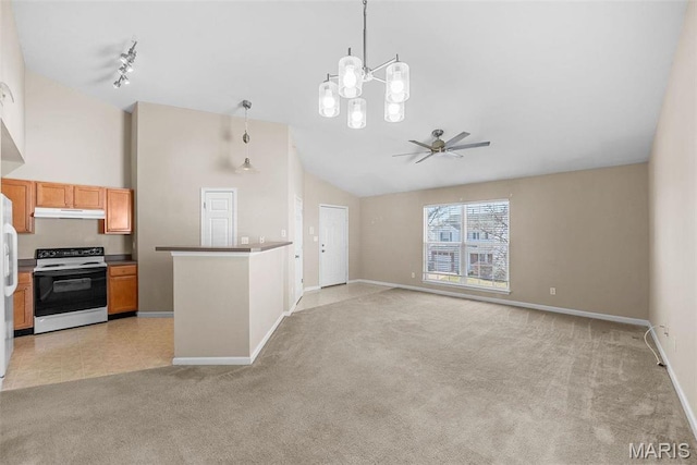 638 Homerun Dr Unit 36N, Ofallon, MO 63366 - kitchen featuring electric range, under cabinet range hood, light colored carpet, baseboards, and a ceiling fan