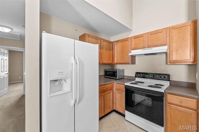 638 Homerun Dr Unit 36N, Ofallon, MO 63366 - kitchen featuring white refrigerator with ice dispenser, range with electric stovetop, under cabinet range hood, and stainless steel microwave
