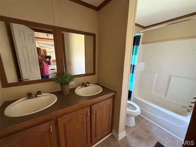 434 Whispering Wind Ln, Cape Girardeau, MO 63701 - full bathroom with ornamental molding, toilet, double vanity, and shower / bathtub combination with curtain