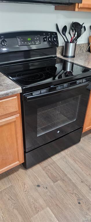 3605 Tracey Rich Unit 2B, Lemay Township, MO 63125 - kitchen view of black electric range oven and light wood-style flooring