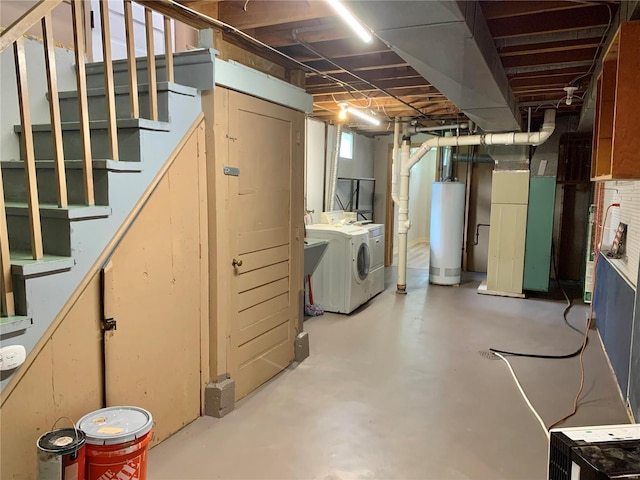 2903 Lesmer Ct, Overland, MO 63114 - unfinished basement with gas water heater, washer and dryer, and stairs