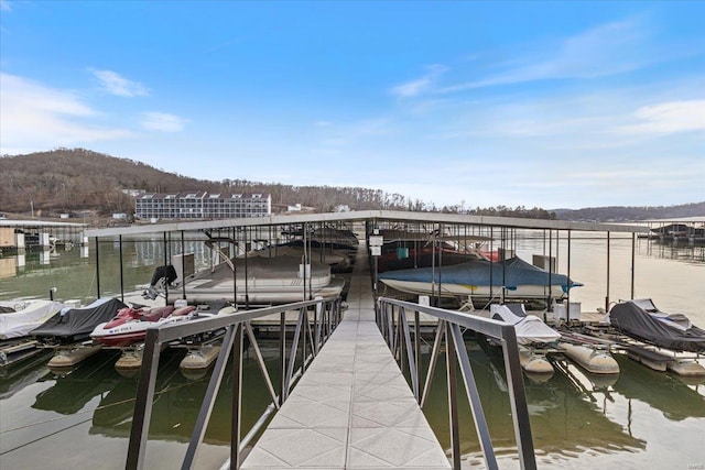 dock area with boat lift and a water and mountain view