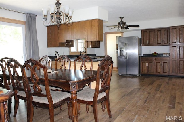 462 Il Route 127, Greenville, IL 62246 - dining space with a chandelier, a ceiling fan, and dark wood-type flooring