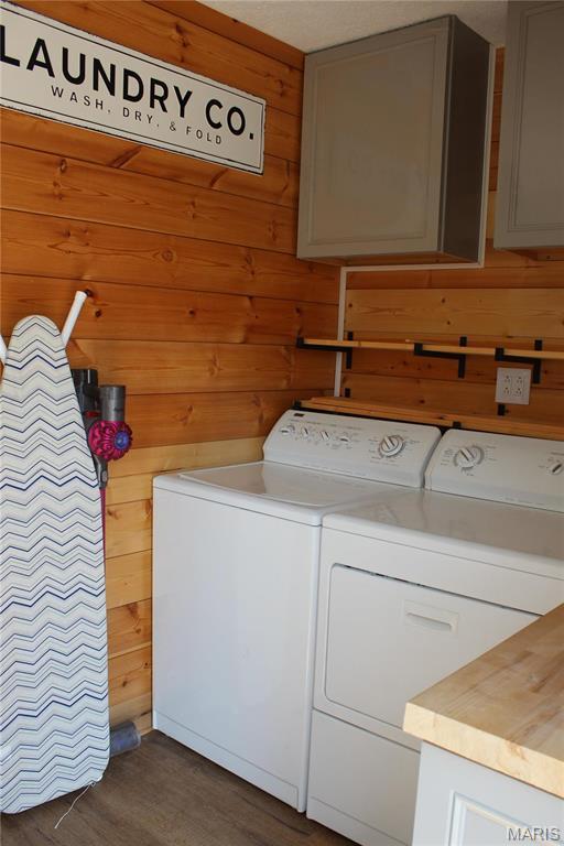 462 Il Route 127, Greenville, IL 62246 - laundry room featuring washing machine and dryer, cabinet space, wooden walls, and dark wood finished floors