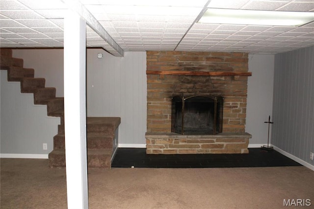 462 Il Route 127, Greenville, IL 62246 - unfurnished living room with carpet flooring, baseboards, stairway, and a brick fireplace