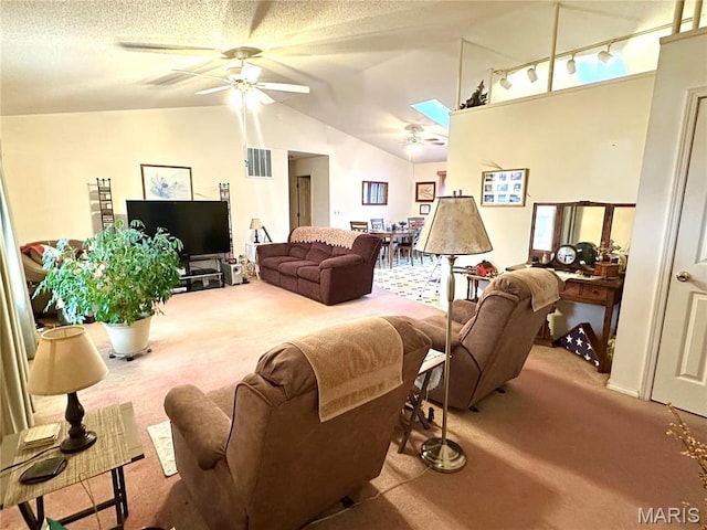 6474 State Highway H, Benton, MO 63736 - living room featuring carpet flooring, a ceiling fan, lofted ceiling, and a textured ceiling