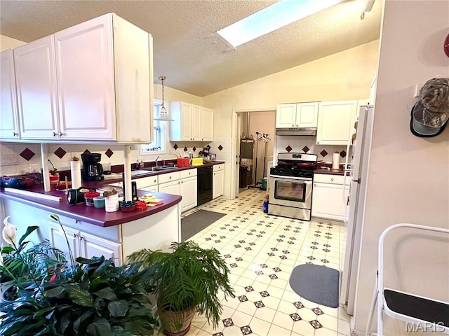 6474 State Highway H, Benton, MO 63736 - kitchen with stainless steel gas range, a skylight, lofted ceiling, dishwasher, and a sink