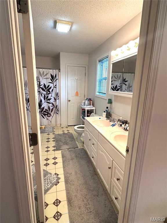 6474 State Highway H, Benton, MO 63736 - bathroom with double vanity, a textured ceiling, toilet, and tile patterned flooring