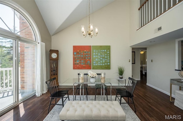 12 Country Club Ter, Glendale, MO 63122 - dining space featuring wood finished floors, plenty of natural light, a chandelier, high vaulted ceiling, and baseboards