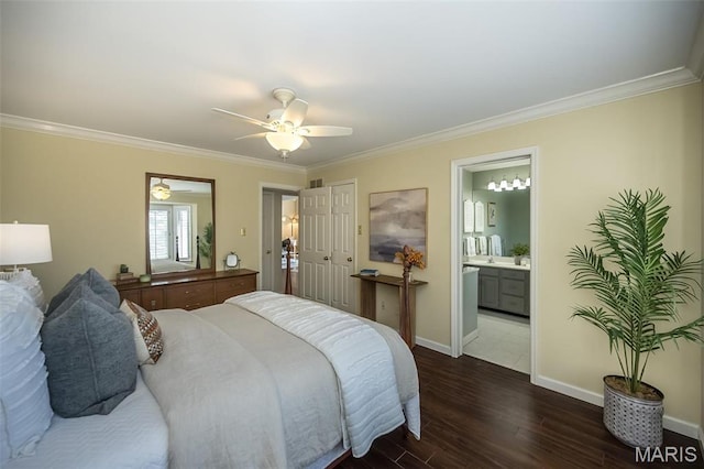 12 Country Club Ter, Glendale, MO 63122 - bedroom with crown molding, dark wood-style flooring, baseboards, ensuite bath, and a ceiling fan