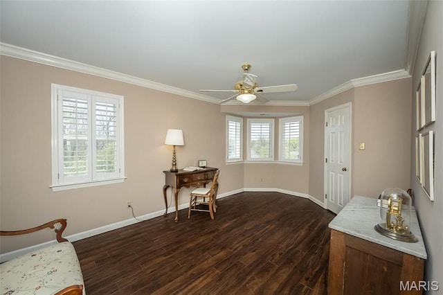 12 Country Club Ter, Glendale, MO 63122 - office space featuring baseboards, dark wood-style floors, ornamental molding, and a ceiling fan